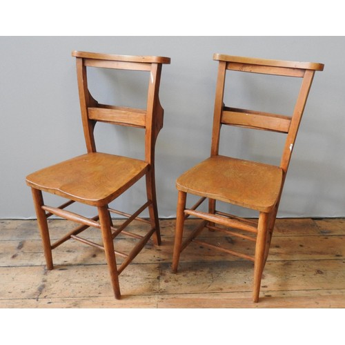 67 - A SET OF SIX OAK SEAT PINE CHAPEL CHAIRS, with multiple stretcher bar supports, 80 x 40 x 35cm