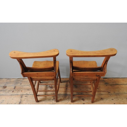 67 - A SET OF SIX OAK SEAT PINE CHAPEL CHAIRS, with multiple stretcher bar supports, 80 x 40 x 35cm