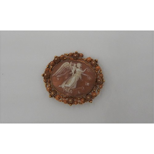 594 - A 19TH CENTURY GOLD MOUNTED CAMEO BROOCH DEPICTING ANGEL WITH CHERUB, 4.5cm wide