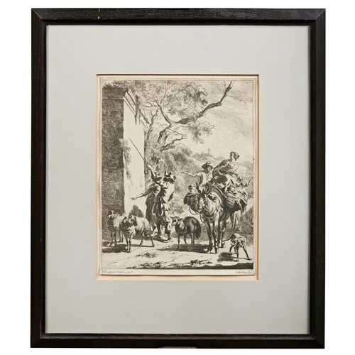 282 - AFTER T BERGHAM'SHEPHERDS AND TRAVELLERS BEFORE A RUIN'engraving by Johannes Visscher,27.5 x 21.5cms... 