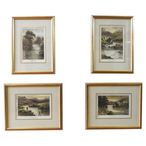 287 - A SET OF FOUR EARLY 20TH CENTURY FLY FISHING LITHOGRAPHS, 17cm x 19cm