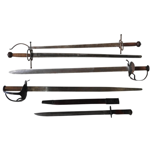 258 - FOUR REPLICA CIVIL WAR SWORDS AND A REPLICA BAYONET, all with scabbards, belts and sheathes