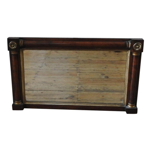 263 - 19TH CENTURY ROSEWOOD FRAMED OVER MANTEL MIRROR, with brass rosette mounts,  50 x 85cm