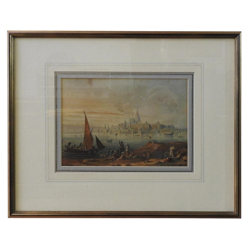 289 - 19th CENTURY ENGLISH SCHOOL, WATER COLOUR ON PAPER, ASIAN SCENE OF SUNSET OVER CITY AND HARBOUR, sig... 