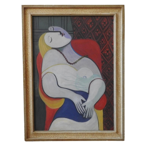 588 - MANNER OF PICASSO, OIL ON CANVAS, ABSTRACT PORTRAIT OF SEATED LADY, 69 x 49cm