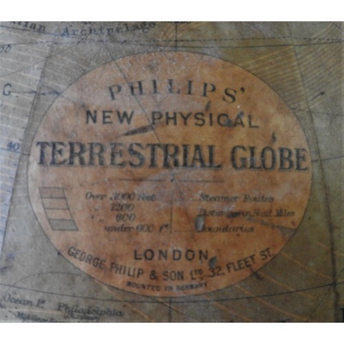 276 - A PHILLIPS' NEW PHYSICAL TERRESTRIAL GLOBE ON CAST-IRON STAND, 60cm high