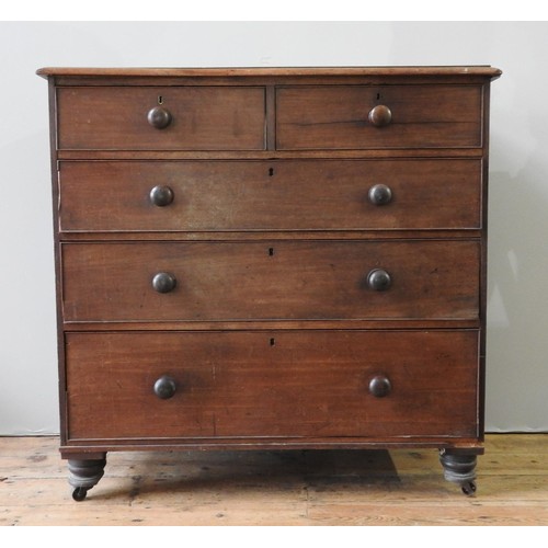 20 - A VICTORIAN MAHOGANY CHEST OF FIVE DRAWERS, comprising of two short drawers over three long drawers,... 