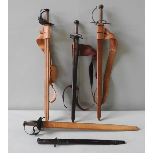 258 - FOUR REPLICA CIVIL WAR SWORDS AND A REPLICA BAYONET, all with scabbards, belts and sheathes