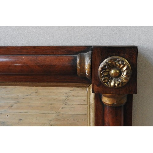 263 - 19TH CENTURY ROSEWOOD FRAMED OVER MANTEL MIRROR, with brass rosette mounts,  50 x 85cm