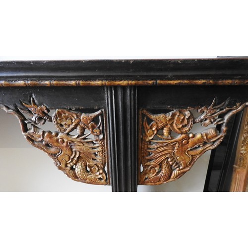 45 - A CHINESE ALTAR TABLE, with ornate carved corner brackets depicting dragons, 93 x 223 x 37.5cm