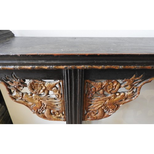 45 - A CHINESE ALTAR TABLE, with ornate carved corner brackets depicting dragons, 93 x 223 x 37.5cm