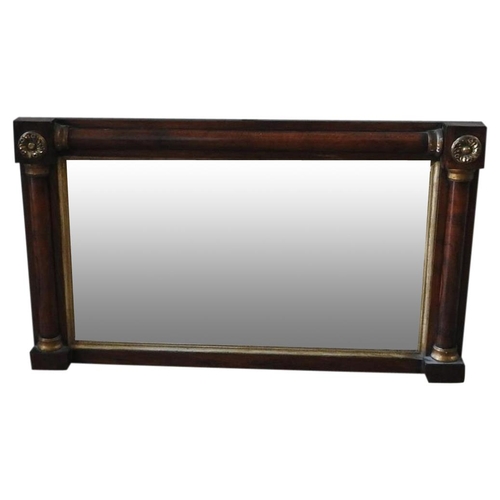 263 - 19TH CENTURY ROSEWOOD FRAMED OVER MANTEL MIRROR, with brass rosette mounts,  50 x 85cm