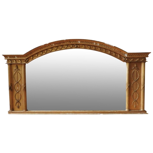 273 - A VICTORIAN GILT GESSO OVERMANTEL MIRROR, the arched top late flanked by two panels with reeded colu... 