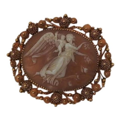 594 - A 19TH CENTURY GOLD MOUNTED CAMEO BROOCH DEPICTING ANGEL WITH CHERUB, 4.5cm wide