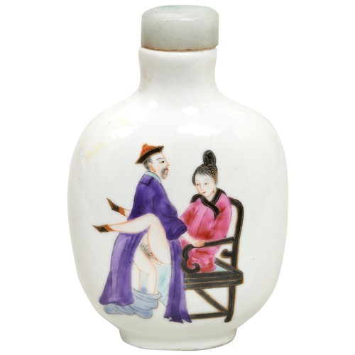 192 - TWO FAMILLE ROSE EROTIC SNUFF BOTTLESQING DYNASTY, 19TH CENTURYeach painted with amorous couples, ja... 