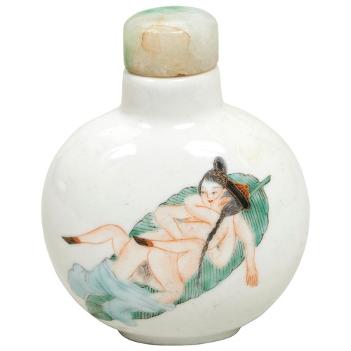 192 - TWO FAMILLE ROSE EROTIC SNUFF BOTTLESQING DYNASTY, 19TH CENTURYeach painted with amorous couples, ja... 