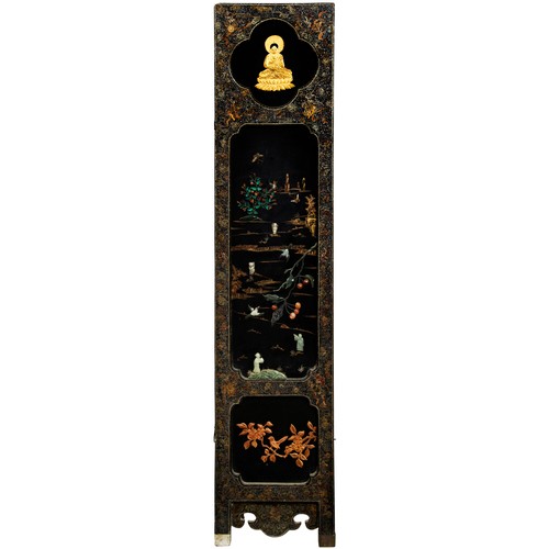 303 - SIX FOLD LACQUER, JADE AND HARDSTONE SCREENLATE QING DYNASTY WITH 18TH / 19TH CENTURY JADESeach leaf... 