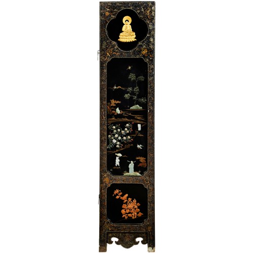 303 - SIX FOLD LACQUER, JADE AND HARDSTONE SCREENLATE QING DYNASTY WITH 18TH / 19TH CENTURY JADESeach leaf... 