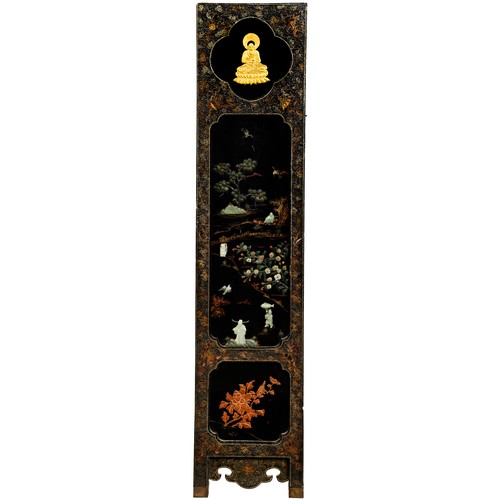 303 - SIX FOLD LACQUER, JADE AND HARDSTONE SCREENLATE QING DYNASTY WITH 18TH / 19TH CENTURY JADESeach leaf... 