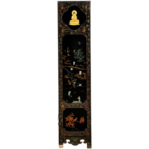 303 - SIX FOLD LACQUER, JADE AND HARDSTONE SCREENLATE QING DYNASTY WITH 18TH / 19TH CENTURY JADESeach leaf... 