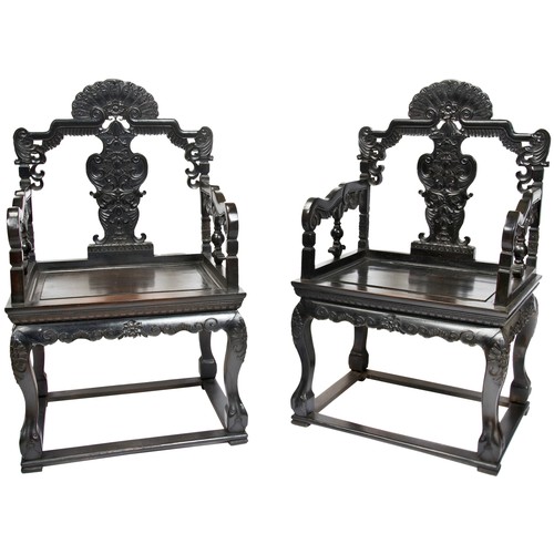 294 - FINE PAIR OF ZITAN ARMCHAIRSLATE QING DYNASTYeach elaborately carved in Rococo style with European-i... 