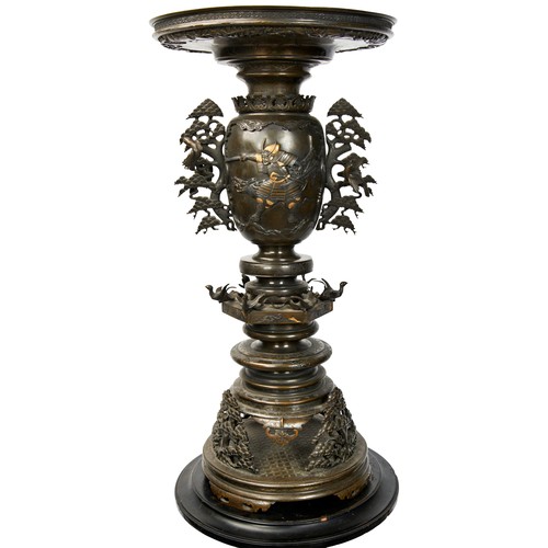 343 - LARGE JAPANESE BRONZE MIXED METAL AND SILVER INLAID VASE MEIJI PERIOD (1868-1912)cast in five sectio... 