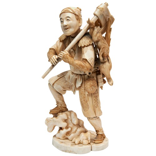 338 - A LARGE JAPANESE 19TH CENTURY IVORY SECTIONAL OKIMONO OF A 'WOODSMAN', his foot jauntily upon a rock... 