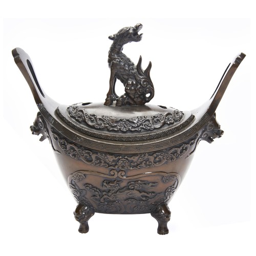 342 - JAPANESE BRONZE COVERED KOROMEIJI PERIOD of boat-shape form, the pierced cover surmounted by a qilin... 