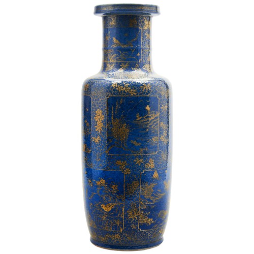 143 - POWDER-BLUE-GROUND GILT-DECORATED ROULEAU VASELATE QING DYNASTYthe sides finely decorated with panel... 