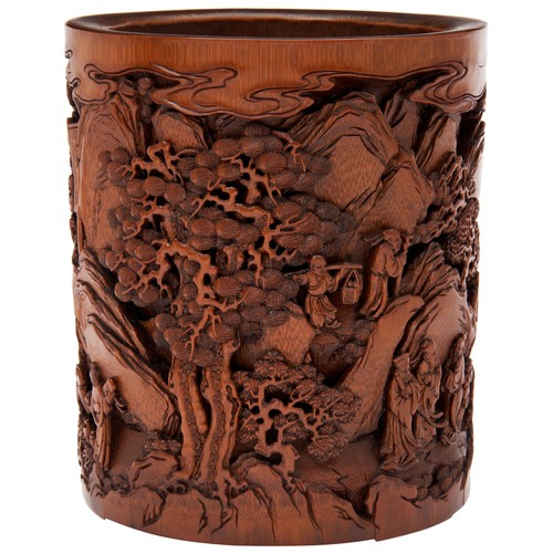 252 - FINE CARVED BAMBOO BRUSHPOTQING DYNASTY, BY SHI CHENGZHI the sides finely in relief with scholars an... 