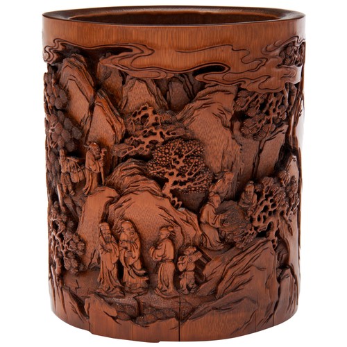 252 - FINE CARVED BAMBOO BRUSHPOTQING DYNASTY, BY SHI CHENGZHI the sides finely in relief with scholars an... 