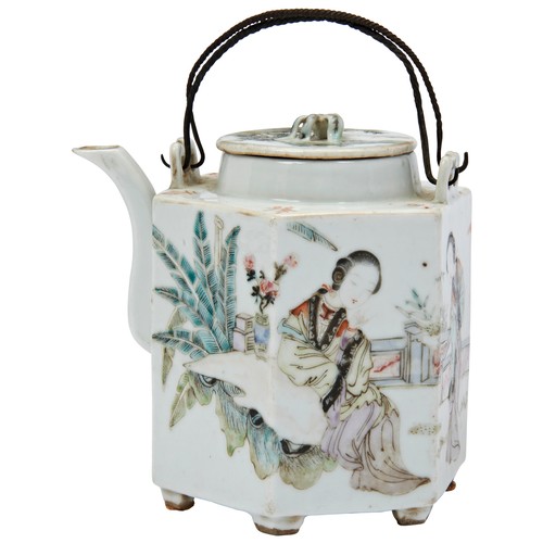 178 - FAMILLE ROSE HEXAGONAL TEAPOTREPUBLIC PERIOD the sides finely painted with elegant ladies in a verda... 