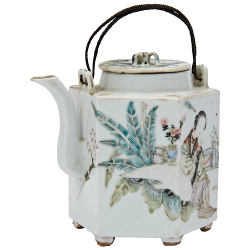 178 - FAMILLE ROSE HEXAGONAL TEAPOTREPUBLIC PERIOD the sides finely painted with elegant ladies in a verda... 