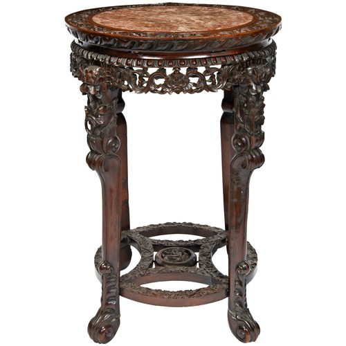 296 - GOOD PAIR OF CARVED HARDWOOD STANDSQING DYNASTY, 19TH CENTURYthe circular tops with inset marble pan... 