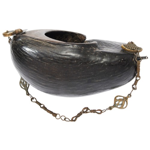 354 - IMPRESSIVE COCO DE MER KASHKOOL19TH CENTURYwith a fitted metal chain and mounts28cm long... 