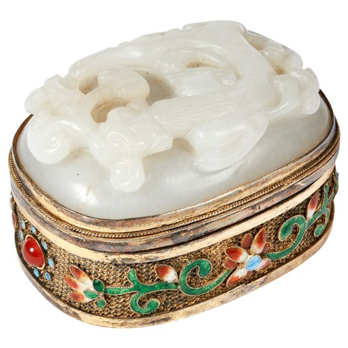 214 - CARVED WHITE JADE, SILVER AND ENAMELLED TRINKET BOXLATE QING / REPUBLIC PERIOD the oval white jade c... 