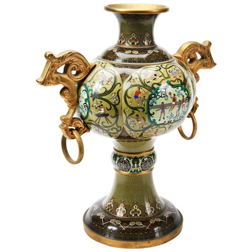 201 - UNUSUAL CHINESE CLOISONNE VASE CIRCA 1970the baluster sides with twin scroll handles, decorated in c... 