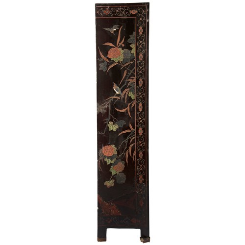 304 - FOUR FOLD LACQUER SCREENQING DYNASTY, 19TH CENTURYdecorated with scenes of figures and animals engag... 