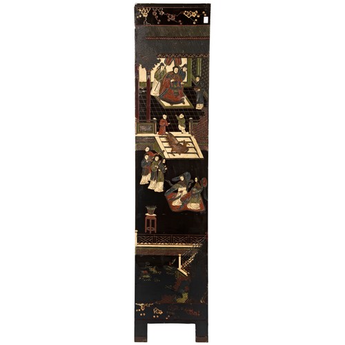 304 - FOUR FOLD LACQUER SCREENQING DYNASTY, 19TH CENTURYdecorated with scenes of figures and animals engag... 