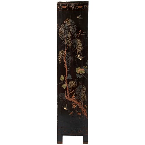 304 - FOUR FOLD LACQUER SCREENQING DYNASTY, 19TH CENTURYdecorated with scenes of figures and animals engag... 