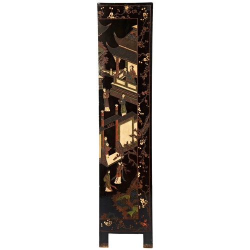 304 - FOUR FOLD LACQUER SCREENQING DYNASTY, 19TH CENTURYdecorated with scenes of figures and animals engag... 