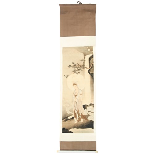 331 - JAPANESE MEIJI PERIOD SILK SCROLL PAINTING OF KWANON AT WATERFALL in original fully signed double to... 