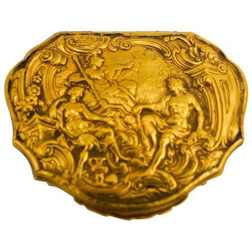 241 - GEORGE II GILT-COPPER SNUFFBOXCIRCA 1750of cartouche-form, chased with panels of flowers within scro... 