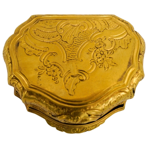 241 - GEORGE II GILT-COPPER SNUFFBOXCIRCA 1750of cartouche-form, chased with panels of flowers within scro... 