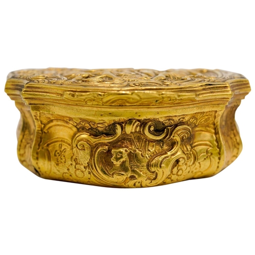 241 - GEORGE II GILT-COPPER SNUFFBOXCIRCA 1750of cartouche-form, chased with panels of flowers within scro... 