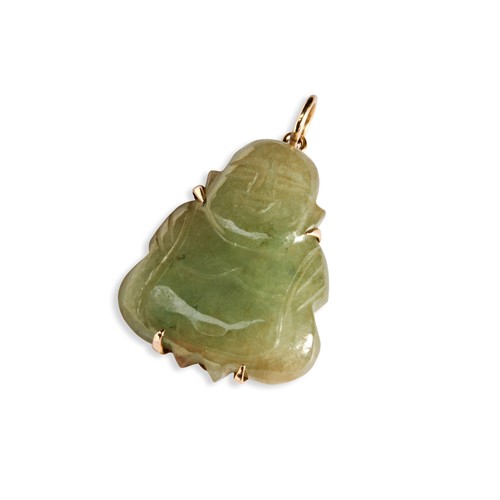 102 - A JADEITE PENDANT IN THE FORM OF A BUDDHASet in a yellow metal frame with simple pendant loop. Measu... 