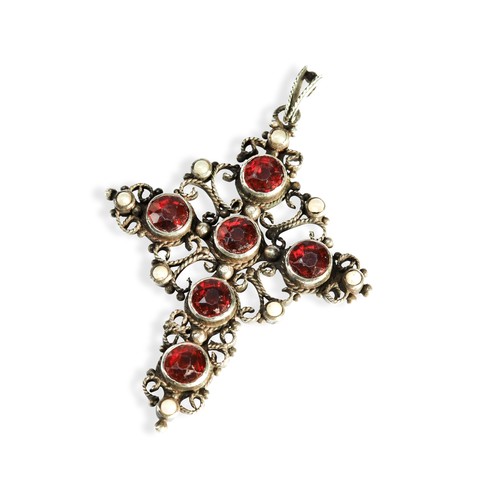 92 - A COLLECTION OF 19TH CENTURY JEWELLERYa red paste, bezel set, filigree cross crafted in white metal.... 