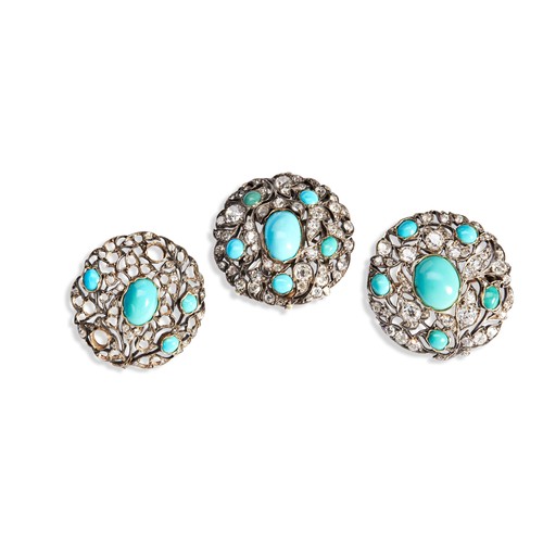 68 - TWO VICTORIAN TURQUOISE AND DIAMOND BROOCHES, circa 1860 each set with a central oval cabochon-cut t... 