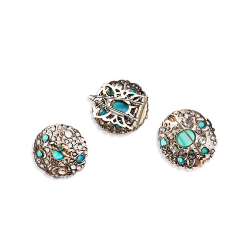 68 - TWO VICTORIAN TURQUOISE AND DIAMOND BROOCHES, circa 1860 each set with a central oval cabochon-cut t... 