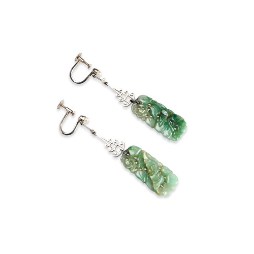 96 - A PAIR OF JADEITE, SEED PEARL AND WHITE GOLD EARRINGS the carved oblong plaque, suspended from a pag... 